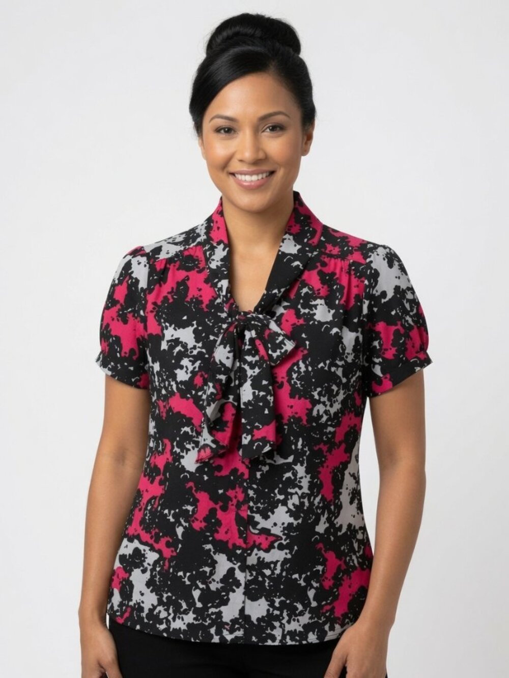 Banana Republic Pink Black Abstract Print Tie-Front Short Sleeve Blouse